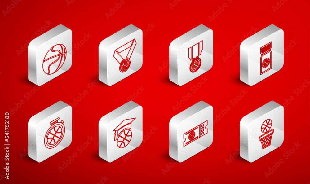 Set line Basketball ball and basket, medal, game ticket, training and Stopwatch with basketball icon. Vector Set line Basketball ball and basket, medal, game ticket, training and Stopwatch with basketball icon. Vector