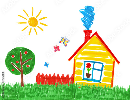 Vector illustration of child drawing of house and tree
