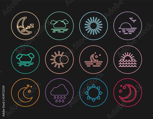 Set line Moon and stars, Sunset, Eclipse of the sun, Cloud, icon, and icon. Vector