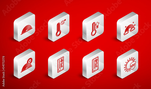 Set line UV protection, Meteorology thermometer, Rainbow with clouds, and sun icon. Vector