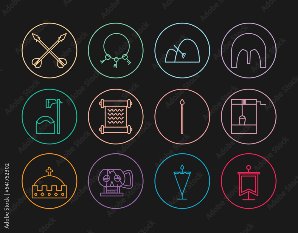 Set line Medieval flag, Well with bucket, Bale of hay and rake, Decree, parchment, scroll, Executioner axe in tree block, crossed arrows, spear and Old keys icon. Vector Set line Medieval flag, Well with bucket, Bale of hay and rake, Decree, parchment, scroll, Executioner axe in tree block, crossed arrows, spear and Old keys icon. Vector