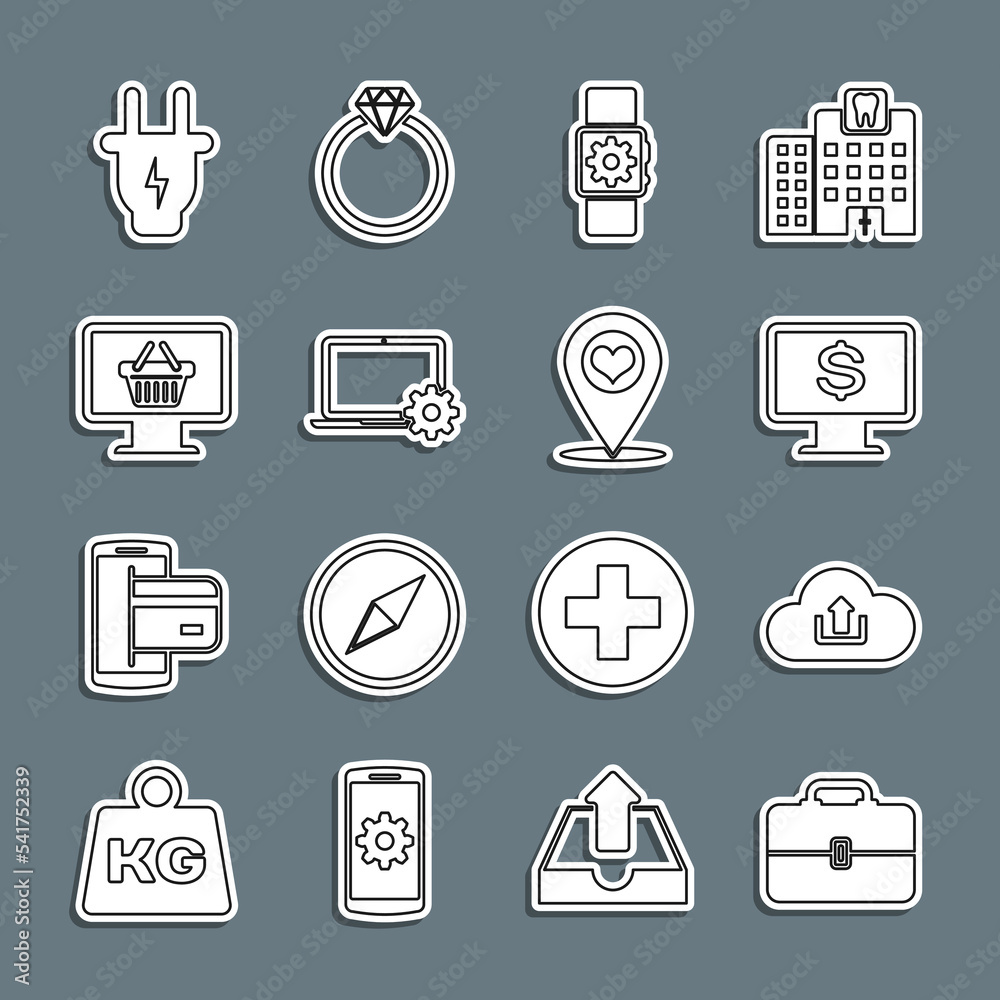 Set line Toolbox, Cloud upload, Monitor with dollar, Smartwatch setting, Laptop and gear, shopping basket, Electric plug and Map pointer heart icon. Vector Set line Toolbox, Cloud upload, Monitor with dollar, Smartwatch setting, Laptop and gear, shopping basket, Electric plug and Map pointer heart icon. Vector