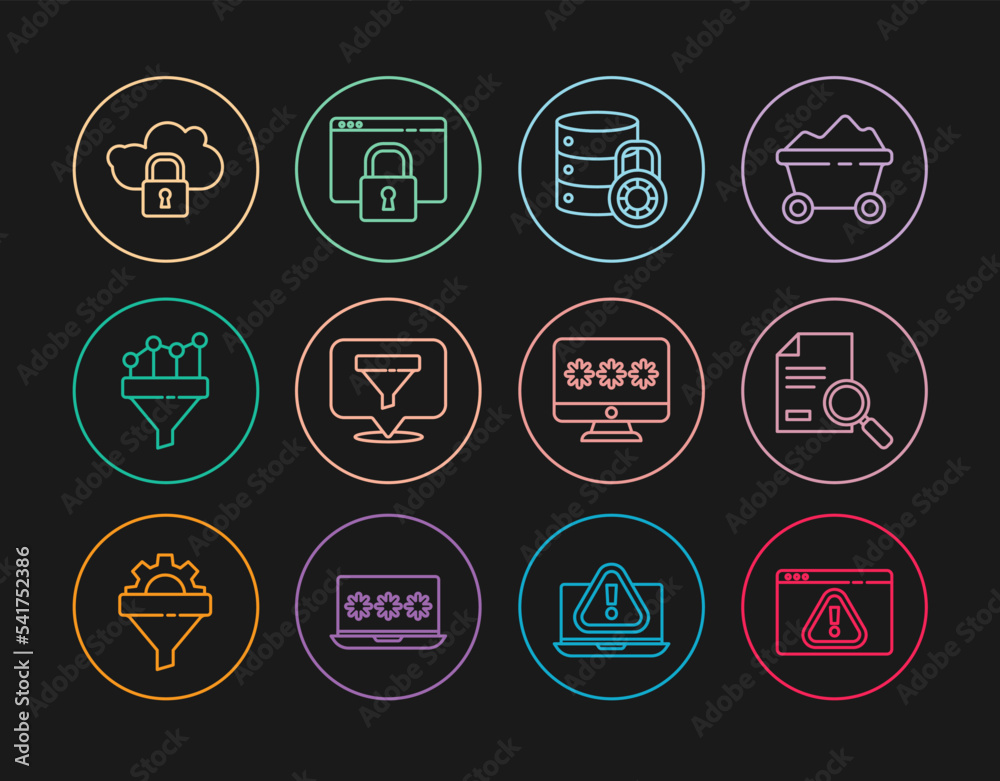 Set line Browser with exclamation mark, Document search, Server security lock, Location sales funnel, Sales chart, Cloud computing, Monitor password and Secure your site HTTPS, SSL icon. Vector Set line Browser with exclamation mark, Document search, Server security lock, Location sales funnel, Sales chart, Cloud computing, Monitor password and Secure your site HTTPS, SSL icon. Vector