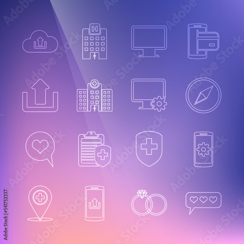 Set line Like and heart, Setting on smartphone, Wind rose, Computer monitor screen, Medical hospital building, Upload, Cloud upload and gear icon. Vector