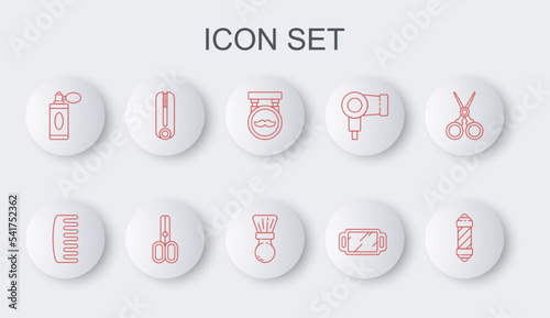 Set line Classic Barber shop pole, Hairbrush, Barbershop, Hand mirror, Aftershave bottle with atomizer, Curling iron for hair, Scissors hairdresser and Shaving icon. Vector