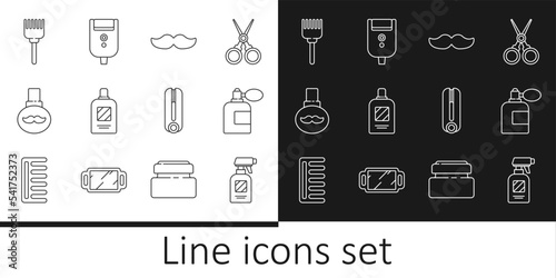 Set line Hairdresser pistol spray bottle, Mustache, Bottle of shampoo, Beard and mustaches care oil, Hairbrush, Curling iron for hair and Electric razor blade men icon. Vector