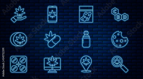 Set line Magnifying glass and marijuana, Cookies with, Plastic bag of cannabis, Medical pills, Herbal ecstasy tablets, Marijuana or leaf, olive oil and Mobile icon. Vector