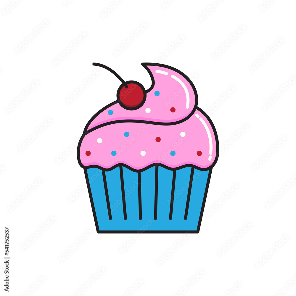 Cupcake with pink cream and a cherry on a white background. Vector illustration isolated on white background Cupcake with pink cream and a cherry on a white background. Vector illustration isolated on white background