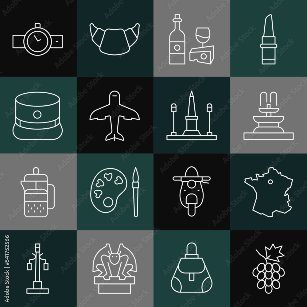 Set line Grape fruit, Map of France, Fountain, Wine bottle with cheese, Plane, Kepi, Wrist watch and Place De La Concorde icon. Vector Set line Grape fruit, Map of France, Fountain, Wine bottle with cheese, Plane, Kepi, Wrist watch and Place De La Concorde icon. Vector