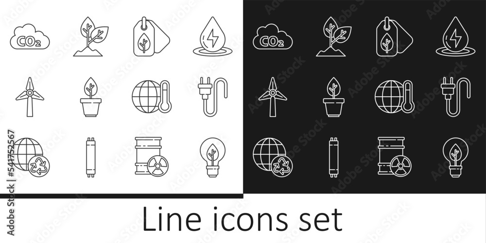 Set line Light bulb with leaf, Electric plug, Tag, Plant in pot, Wind turbine, CO2 emissions cloud, Global warming and icon. Vector