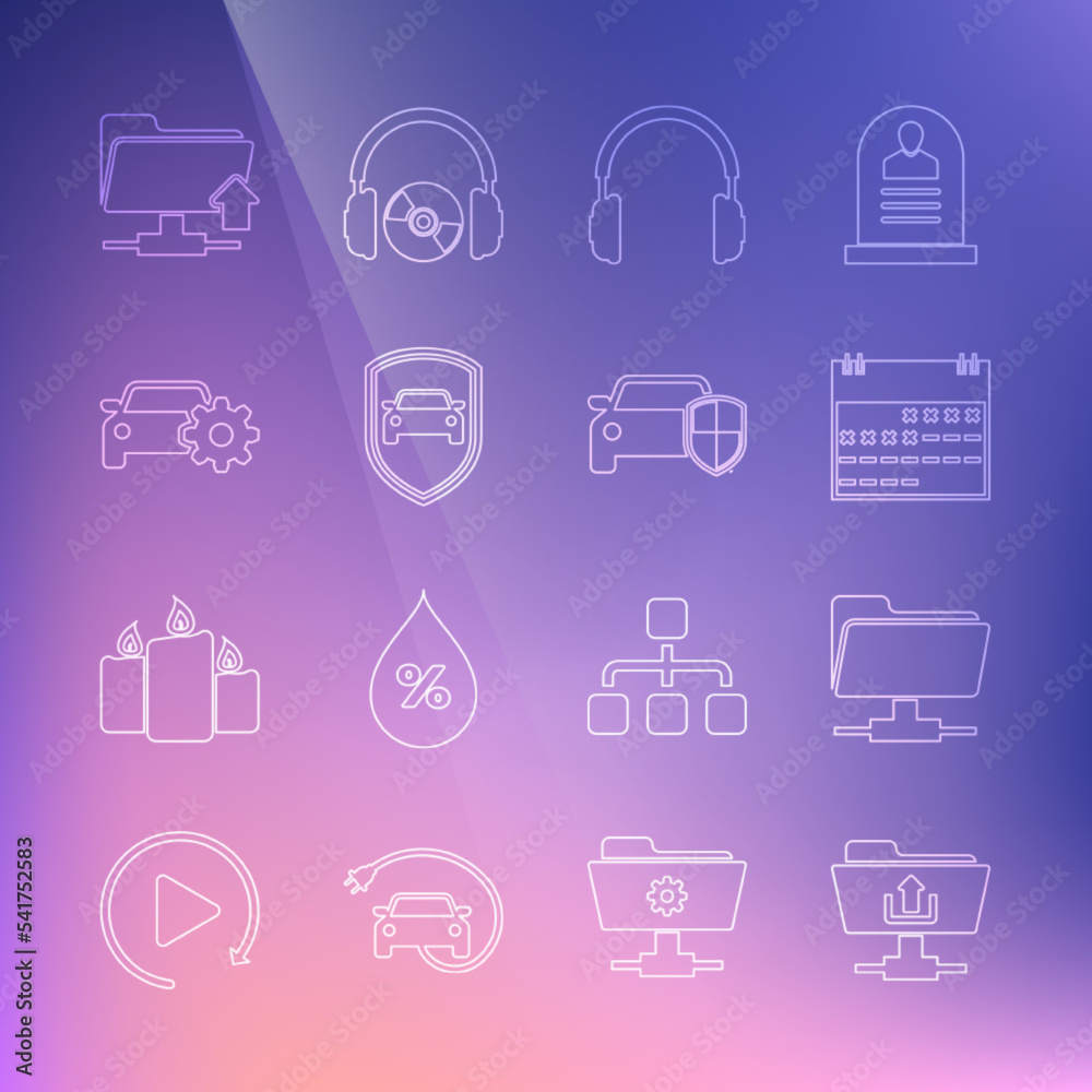 Set line FTP folder upload, Calendar, Headphones, Car protection or insurance, service, and icon. Vector Set line FTP folder upload, Calendar, Headphones, Car protection or insurance, service, and icon. Vector