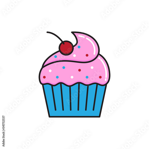 Cupcake with pink cream and a cherry on a white background. Vector illustration isolated on white background