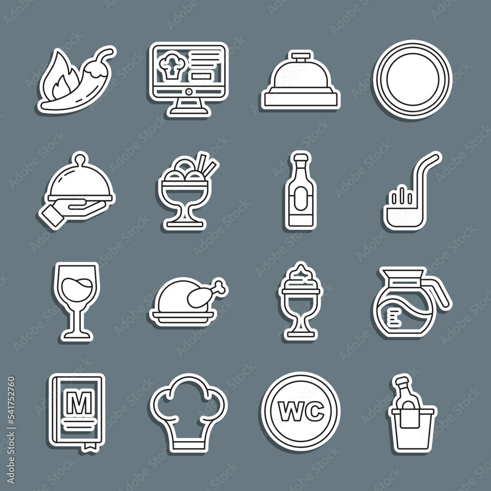 Set line Champagne in an ice bucket, Coffee pot, Kitchen ladle, Hotel service bell, Ice cream bowl, Covered with tray food, chili pepper pod and Wine bottle icon. Vector