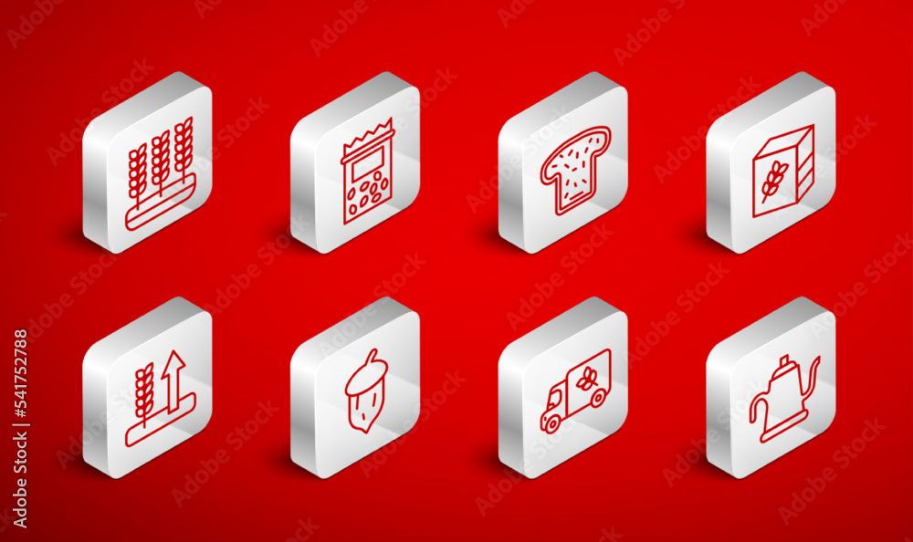 Set line Watering can, Pack full of seeds of plant, Bread toast, Flour pack, truck, Wheat, Acorn, oak nut, and icon. Vector Set line Watering can, Pack full of seeds of plant, Bread toast, Flour pack, truck, Wheat, Acorn, oak nut, and icon. Vector