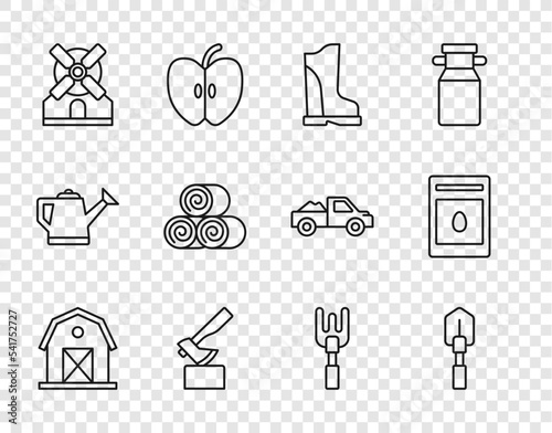 Set line Farm house, Shovel, Waterproof rubber boot, Wooden axe, Windmill, Roll hay, Garden rake and Pack full seeds plant icon. Vector