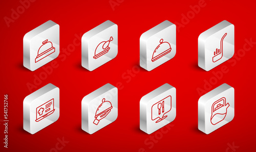 Set line Kettle with handle, Roasted turkey or chicken, Covered tray, Kitchen ladle, Cafe restaurant location, Hotel service bell, of food and Online ordering delivery icon. Vector