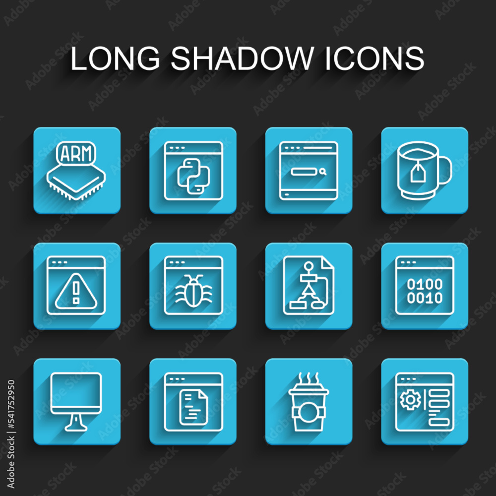Set line Computer monitor screen, Software, Processor, Coffee cup go, Browser setting, System bug, Binary code and Flowchart icon. Vector Set line Computer monitor screen, Software, Processor, Coffee cup go, Browser setting, System bug, Binary code and Flowchart icon. Vector