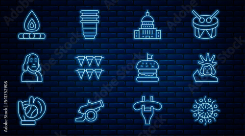 Set line Firework, Statue of Liberty, White House, Carnival garland with flags, Benjamin Franklin, Campfire, Burger and Paper glass icon. Vector