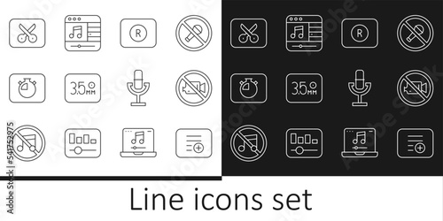 Set line Add to playlist, Prohibition no video recording, Record button, Audio jack, Stopwatch, Music editing, Microphone and player icon. Vector