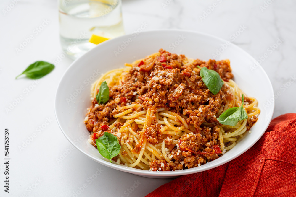 Close up of italian pasta spaghetti bolognese in bowl