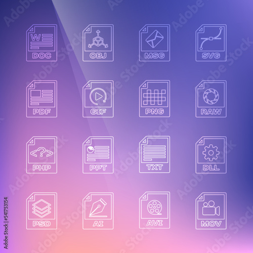 Set line MOV file document, DLL, RAW, MSG, GIF, PDF, DOC and PNG icon. Vector