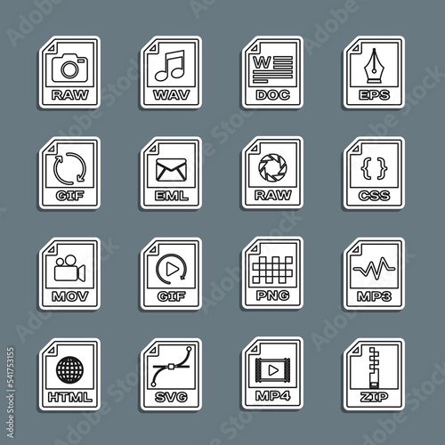 Set line ZIP file document, MP3, CSS, DOC, EML, GIF, RAW and icon. Vector