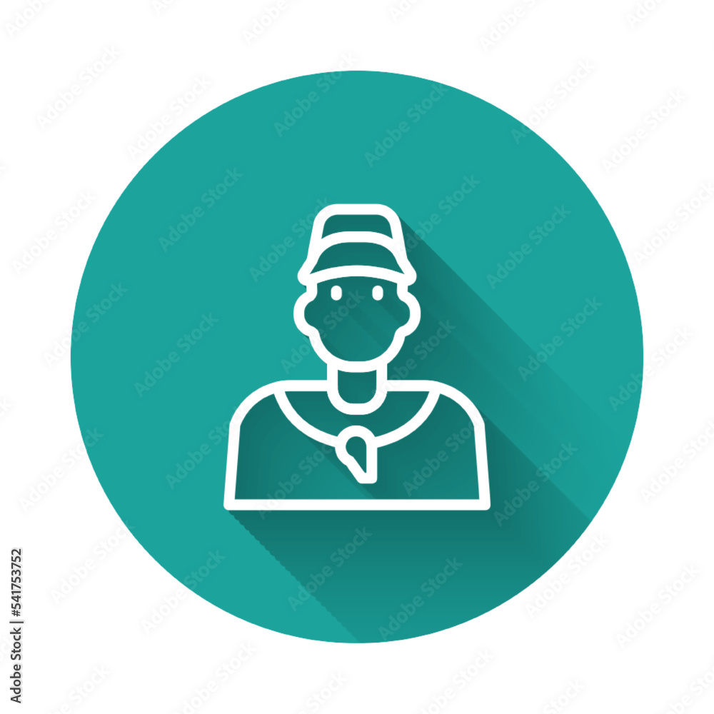 White line Baseball coach icon isolated with long shadow background. Green circle button. Vector