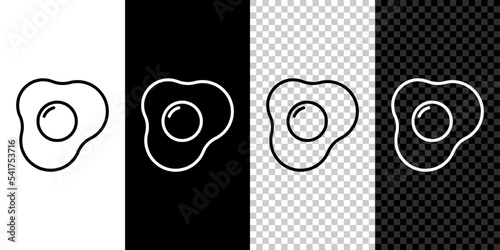 Set line Scrambled eggs icon isolated on black and white, transparent background. Home cooked food, fried egg, healthy breakfast, omelet icon. Vector