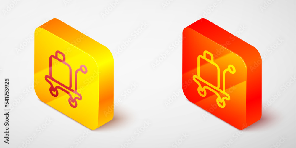 Isometric line Trolley suitcase icon isolated on grey background. Traveling baggage sign. Travel luggage icon. Yellow and orange square button. Vector Isometric line Trolley suitcase icon isolated on grey background. Traveling baggage sign. Travel luggage icon. Yellow and orange square button. Vector