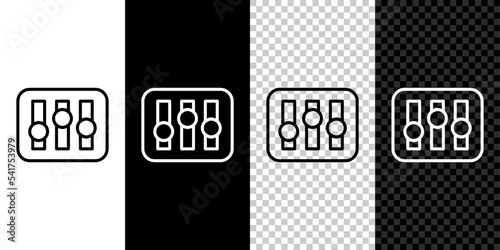 Set line Sound mixer controller icon isolated on black and white, transparent background. Dj equipment slider buttons. Mixing console. Vector