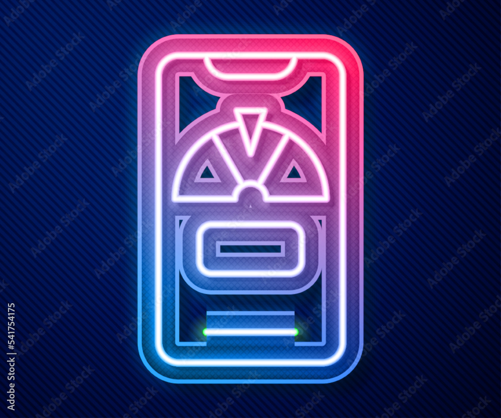 Glowing neon line Lucky wheel on phone icon isolated on blue background. Vector Glowing neon line Lucky wheel on phone icon isolated on blue background. Vector