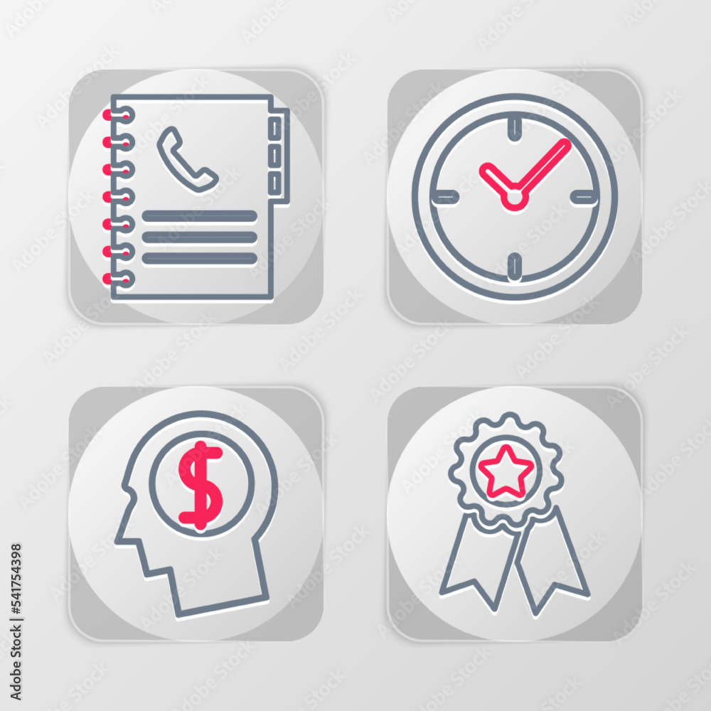 Set line Medal with star, Business man planning mind, Clock and Phone book icon. Vector Set line Medal with star, Business man planning mind, Clock and Phone book icon. Vector