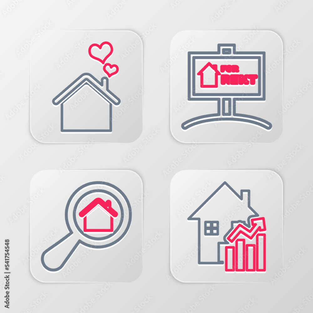 Set line Rising cost of housing, Search house, Hanging sign with For Rent and House heart shape icon. Vector