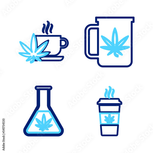 Set line Cup coffee with marijuana, Test tube, tea and icon. Vector