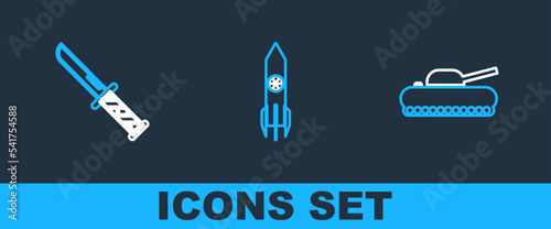 Set line Military tank, knife and Nuclear rocket icon. Vector