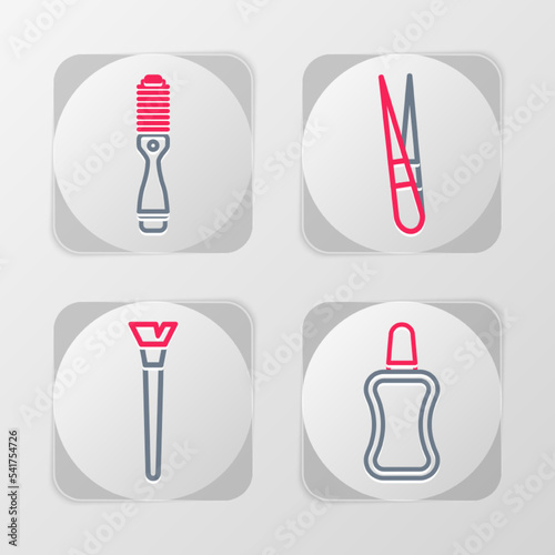 Set line Nail polish bottle, Makeup brush, Eyebrow tweezers and Hairbrush icon. Vector