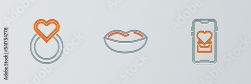 Set line Mobile with heart, Wedding rings and Smiling lips icon. Vector