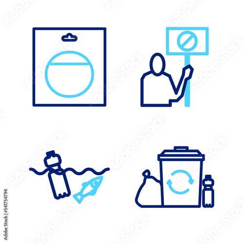 Set line Recycle bin with recycle, Problem pollution of the ocean, Nature saving protest and Battery pack icon. Vector
