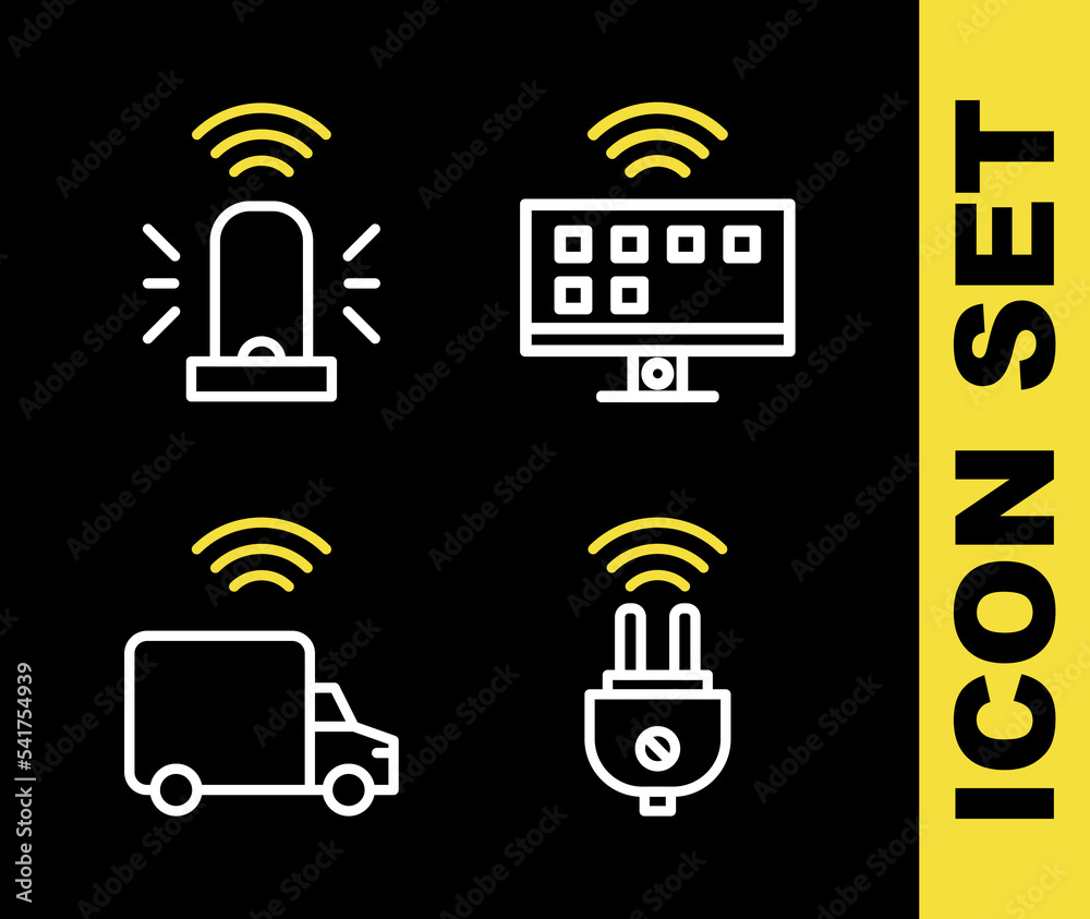 Set line Smart Tv system, electric plug, truck and flasher siren icon. Vector