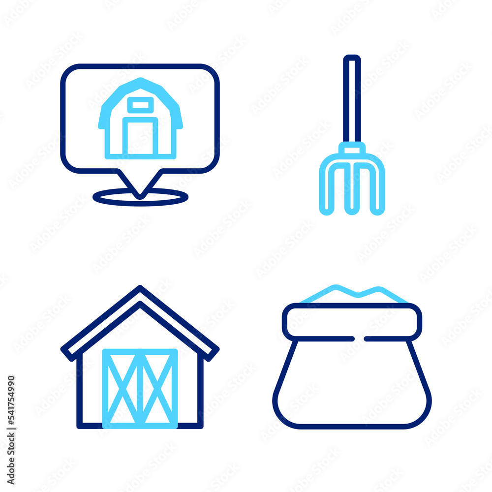 Set line Full sack, Farm house, Garden pitchfork and Location farm icon. Vector Set line Full sack, Farm house, Garden pitchfork and Location farm icon. Vector