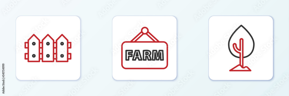 Set line Tree, Garden fence wooden and Signboard with text Farm icon. Vector Set line Tree, Garden fence wooden and Signboard with text Farm icon. Vector