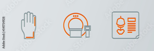 Set line X-ray shots, Medical rubber gloves and Tomography icon. Vector