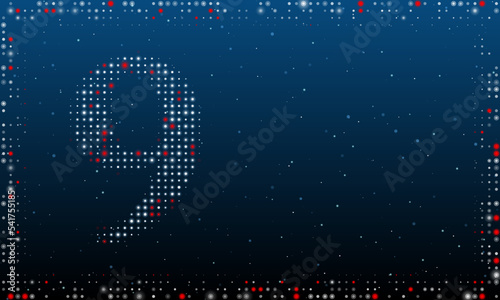 On the left is the number nine symbol filled with white dots. Pointillism style. Abstract futuristic frame of dots and circles. Some dots is red. Vector illustration on blue background with stars