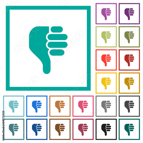left handed thumbs down solid flat color icons with quadrant frames