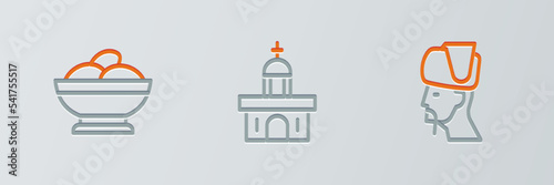 Set line Ukrainian cossack, Varenyky bowl and Church building icon. Vector