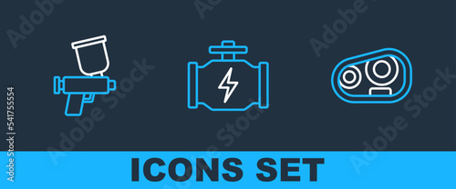 Set line Car headlight, Paint spray gun and Check engine icon. Vector
