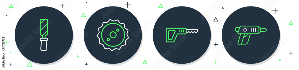 Set line Circular saw blade, Reciprocating, Rasp metal file and Electric cordless screwdriver icon. Vector Set line Circular saw blade, Reciprocating, Rasp metal file and Electric cordless screwdriver icon. Vector