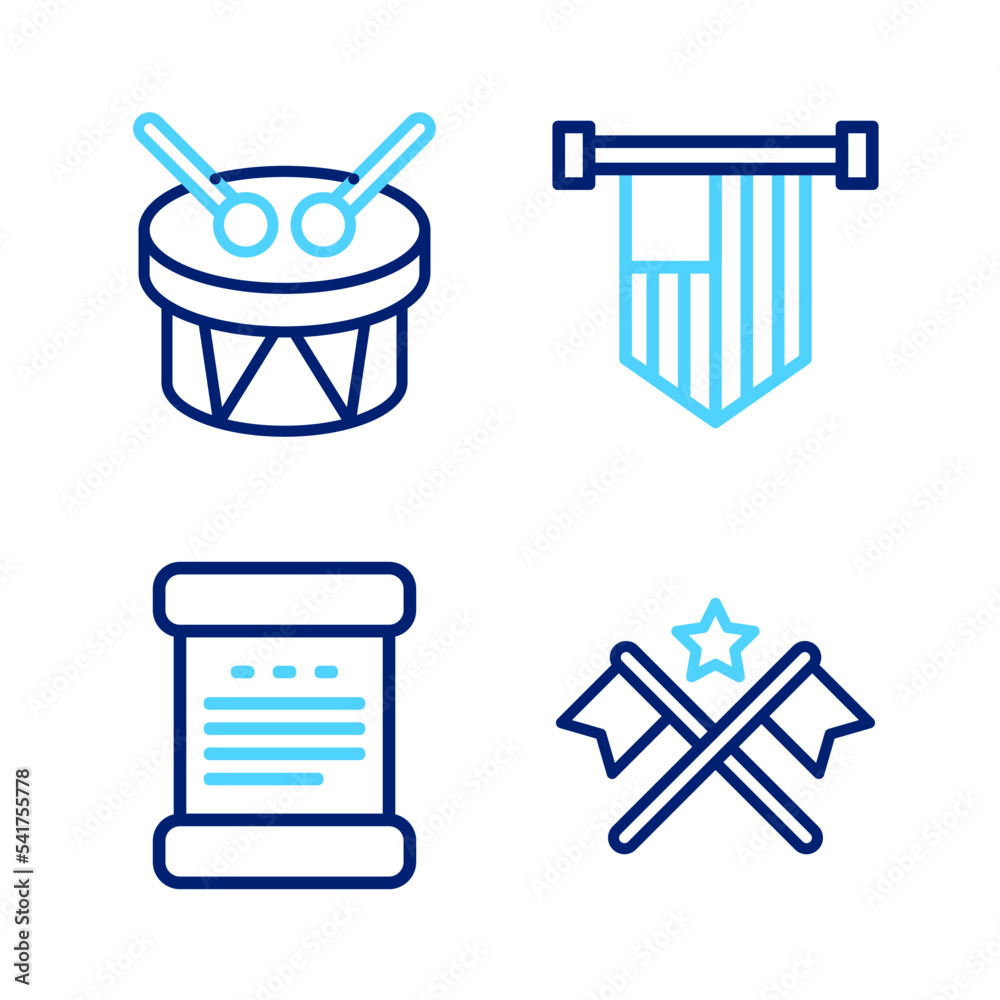 Set line American flag, Declaration of independence, and Drum and drum sticks icon. Vector Set line American flag, Declaration of independence, and Drum and drum sticks icon. Vector