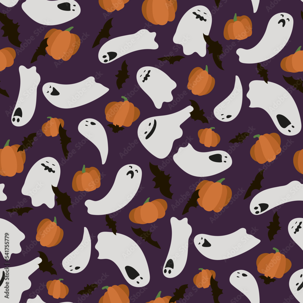 Background of ghosts in the sky with pumpkins and bats. Seamless pattern with flying ghosts and pumpkins on a blue background. Suitable for printing on textiles and paper. Festive gift wrapping. Background of ghosts in the sky with pumpkins and bats. Seamless pattern with flying ghosts and pumpkins on a blue background. Suitable for printing on textiles and paper. Festive gift wrapping.