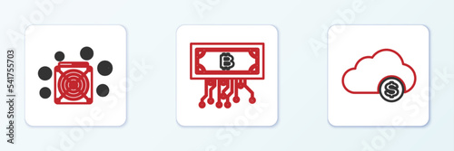 Set line Cryptocurrency cloud mining, ASIC Miner and bitcoin with circuit icon. Vector